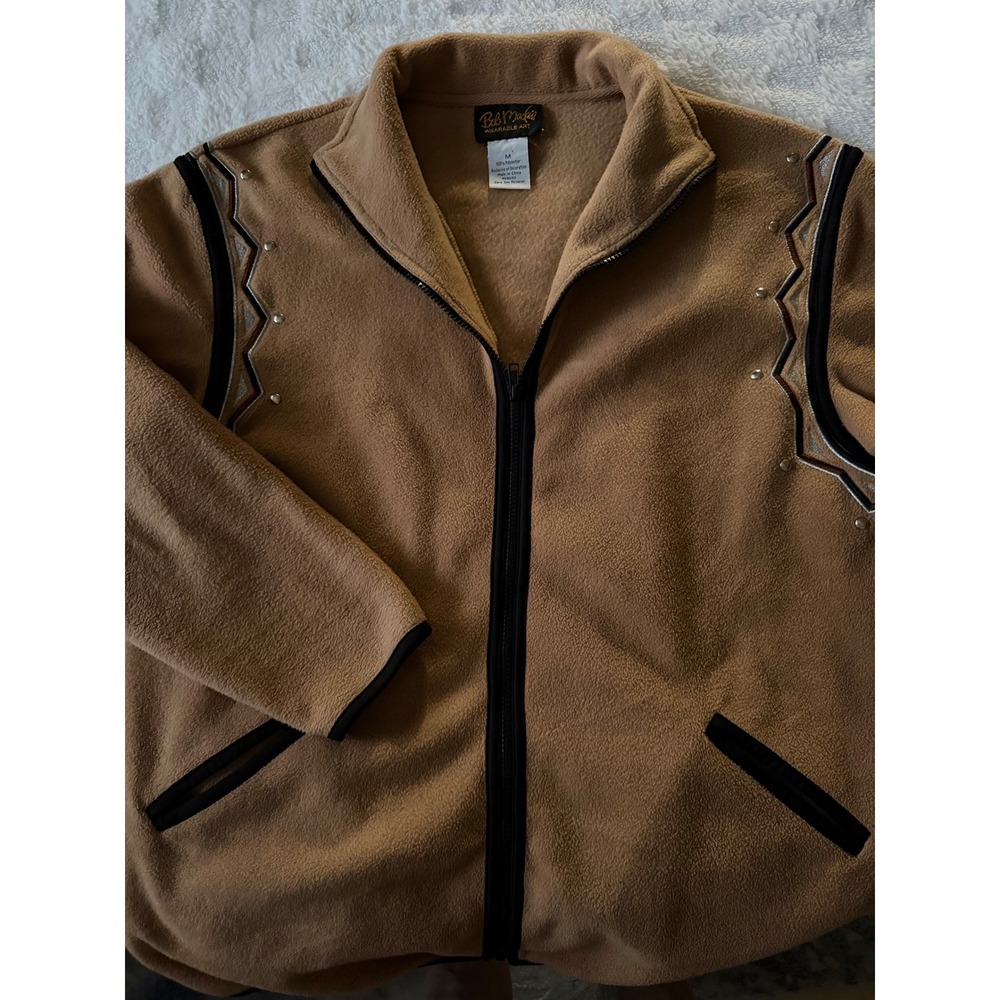 Bob Mackie Wearable Art Fleece Jacket Tan Southwestern Studded Sz M -EUC
